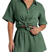 Women's 2 Piece Outfits Track Suits Matching Sets Loungewear for Vacation Button Down Shirt and Shorts Set