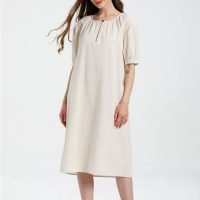 Women's Cotton Linen Dress Short Sleeve Midi Casual Tunic Dress with Pockets
