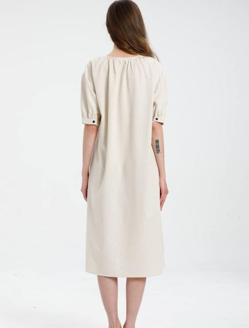 Women's Cotton Linen Dress Short Sleeve Midi Casual Tunic Dress with Pockets