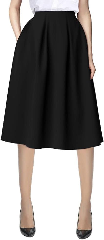Women's Flared A line Pocket Skirt High Waist Pleated Midi Skirt