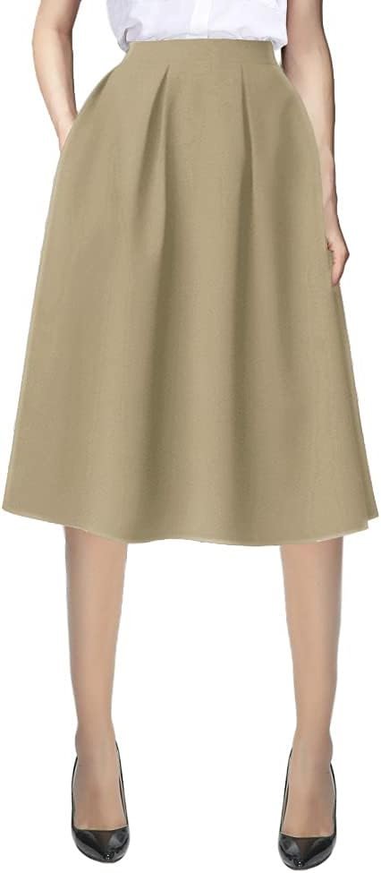 Women's Flared A line Pocket Skirt High Waist Pleated Midi Skirt
