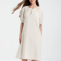 Women's Cotton Linen Dress Short Sleeve Midi Casual Tunic Dress with Pockets