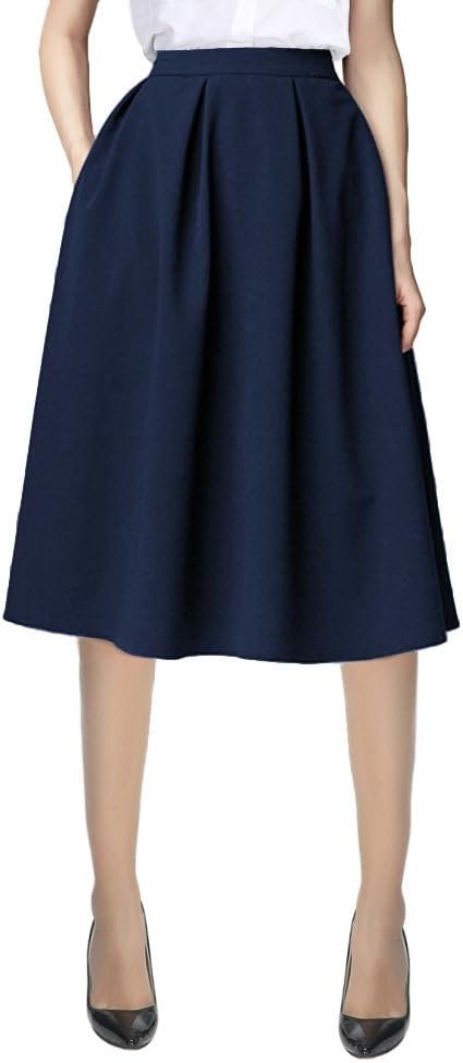 Women's Flared A line Pocket Skirt High Waist Pleated Midi Skirt