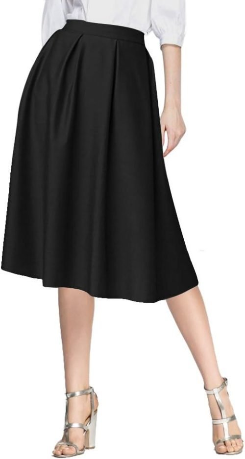 Women's Flared A line Pocket Skirt High Waist Pleated Midi Skirt