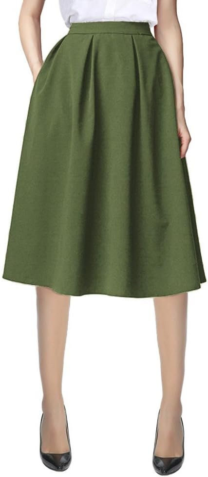 Women's Flared A line Pocket Skirt High Waist Pleated Midi Skirt