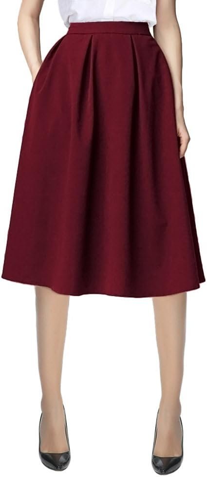 Women's Flared A line Pocket Skirt High Waist Pleated Midi Skirt