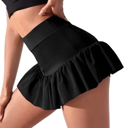 Women Stretchy Flared Ruffle Layered Mini Tennis Skater Skirts with Short