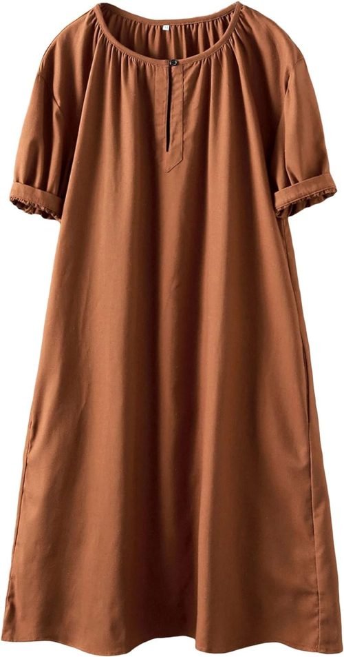 Women's Cotton Linen Dress Short Sleeve Midi Casual Tunic Dress with Pockets