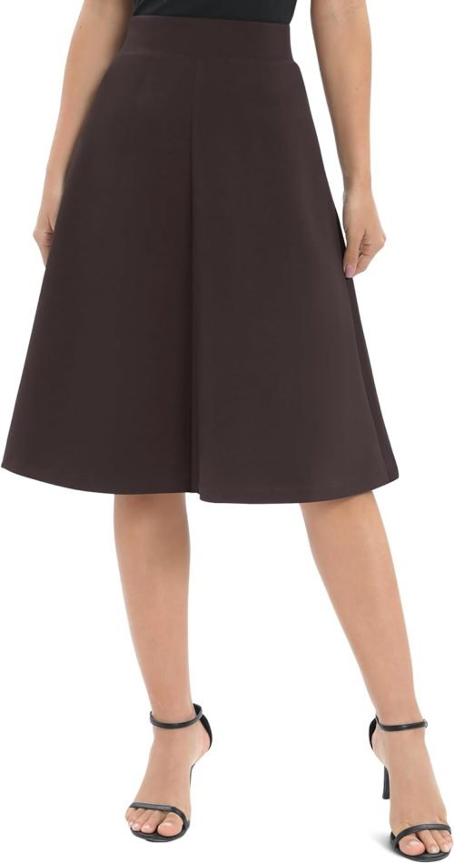 Women's A-Line Elastic High Waist Flare Work Midi Knee Length Stretchy Skirt