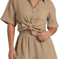 Women's 2 Piece Outfits Track Suits Matching Sets Loungewear for Vacation Button Down Shirt and Shorts Set