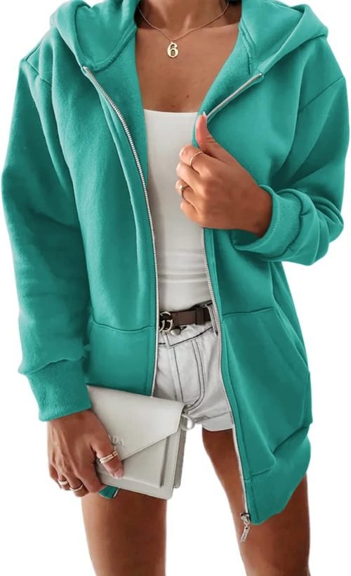 Women Casual Full Zip Up Plush Hoodie Comfy Loose Solid Sweatshirt Long Sleeve Jacket with Pockets