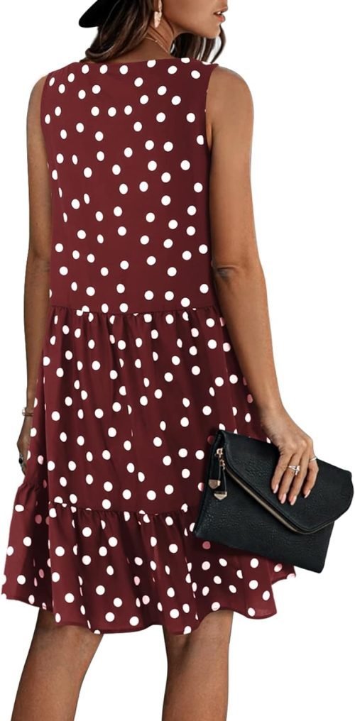 Women Sleeveless Dresses Casual Polka Dot Summer Tank Dress, Burgundy, Large