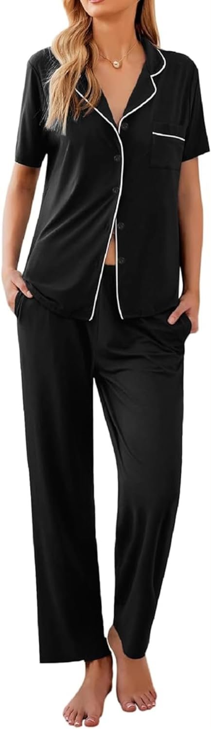 Women Pajamas Set Button Down Sleepwear Short Sleeve Nightwear with Long Pants Soft Pjs Set with Pockets S-XXL