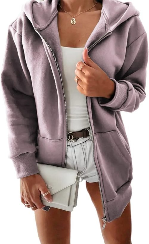 Women Casual Full Zip Up Plush Hoodie Comfy Loose Solid Sweatshirt Long Sleeve Jacket with Pockets