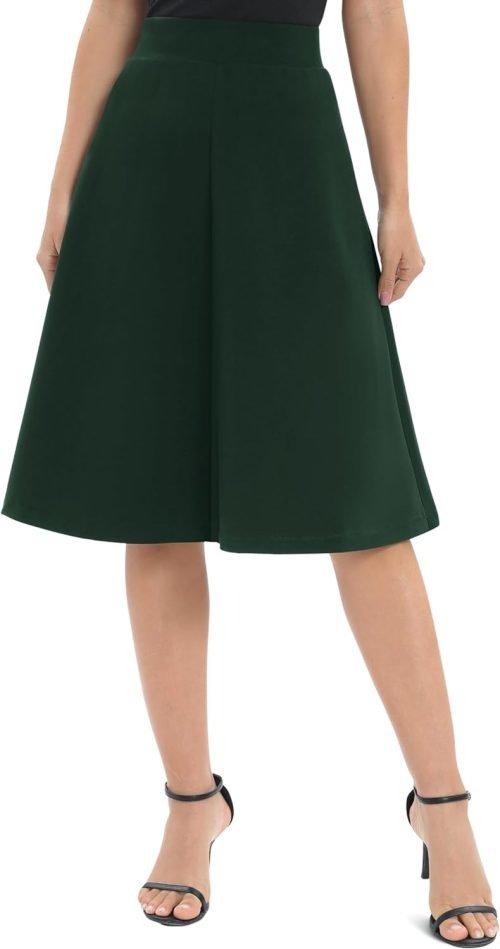 Women's A-Line Elastic High Waist Flare Work Midi Knee Length Stretchy Skirt