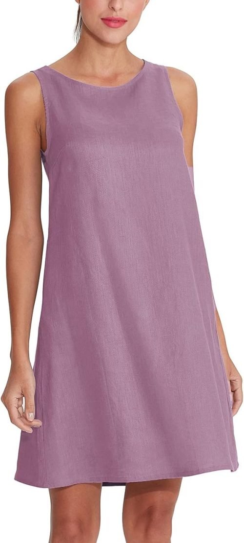 Women's Linen Sleeveless Shift Dress with Pockets Crew Neck Casual Tank Dress