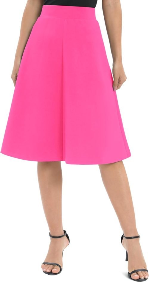 Women's A-Line Elastic High Waist Flare Work Midi Knee Length Stretchy Skirt
