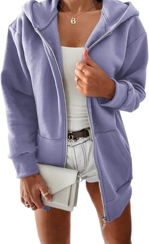 Women Casual Full Zip Up Plush Hoodie Comfy Loose Solid Sweatshirt Long Sleeve Jacket with Pockets