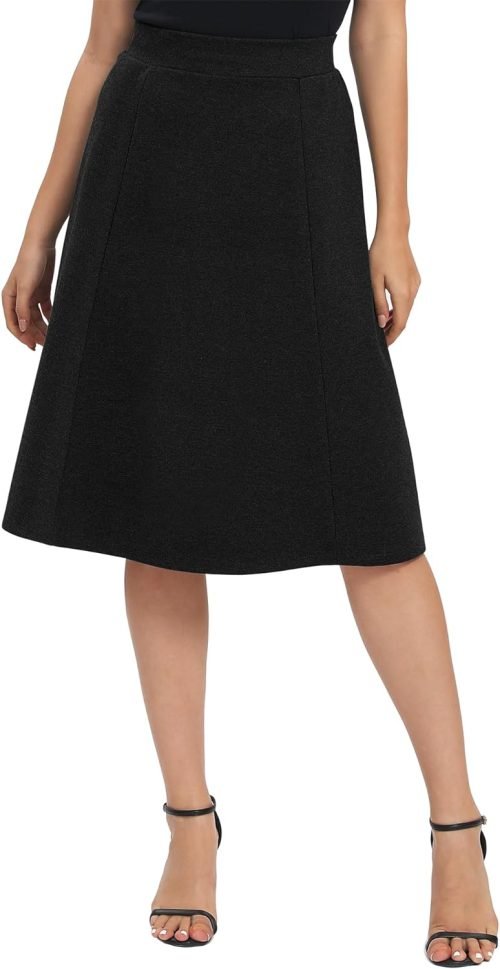 Women's A-Line Elastic High Waist Flare Work Midi Knee Length Stretchy Skirt