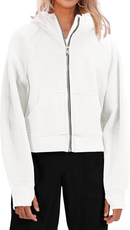 61UeschnaSL._AC_SL1500 Womens Zip Up Sweatshirts Fleece Lined Collar Crop Hoodie Casual Cotton Long Sleeve Tops with Thumb Hole