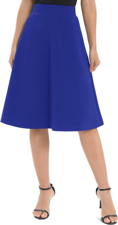 Women's A-Line Elastic High Waist Flare Work Midi Knee Length Stretchy Skirt