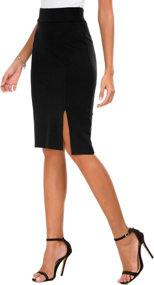 Women's Knee Length Stretch Pencil Skirt High Waisted Bodycon Midi Straight Skirt