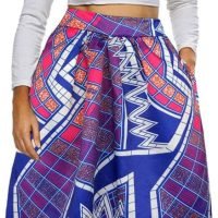 Womens African Print Skirt Boho Flare Pleated Midi Skirt with Pockets
