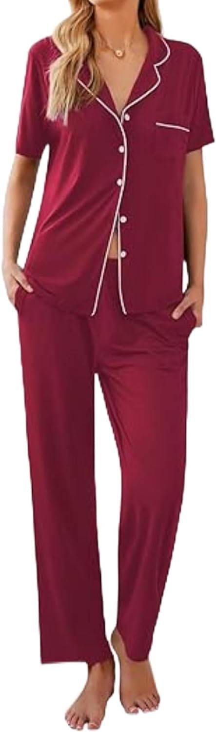 Women Pajamas Set Button Down Sleepwear Short Sleeve Nightwear with Long Pants Soft Pjs Set with Pockets S-XXL
