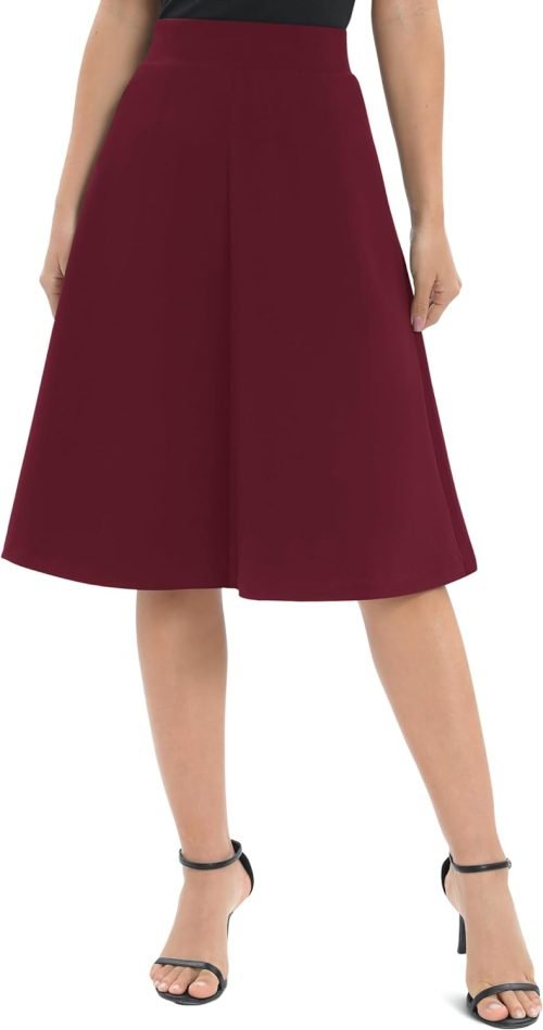 Women's A-Line Elastic High Waist Flare Work Midi Knee Length Stretchy Skirt