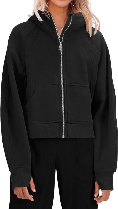 61_9IrYbR0L._AC_SL1500 Womens Zip Up Sweatshirts Fleece Lined Collar Crop Hoodie Casual Cotton Long Sleeve Tops with Thumb Hole