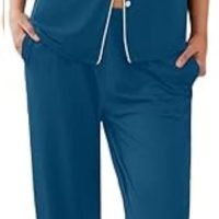 Women Pajamas Set Button Down Sleepwear Short Sleeve Nightwear with Long Pants Soft Pjs Set with Pockets S-XXL