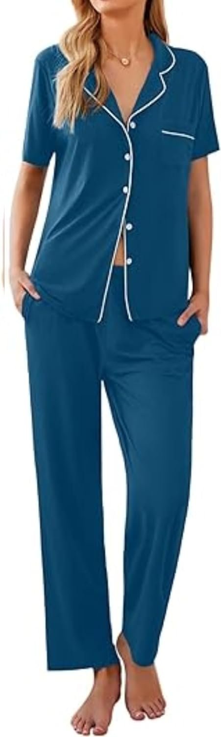 Women Pajamas Set Button Down Sleepwear Short Sleeve Nightwear with Long Pants Soft Pjs Set with Pockets S-XXL