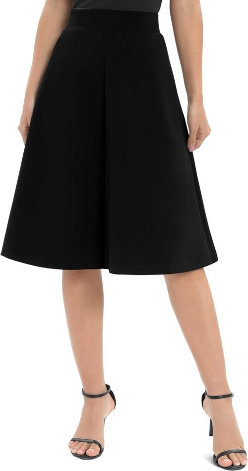Women's A-Line Elastic High Waist Flare Work Midi Knee Length Stretchy Skirt