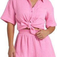 Women's 2 Piece Outfits Track Suits Matching Sets Loungewear for Vacation Button Down Shirt and Shorts Set