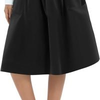 Women's Casual Elastic Waist Vintage A-Line Pleated Flared Midi Skirt with Pockets