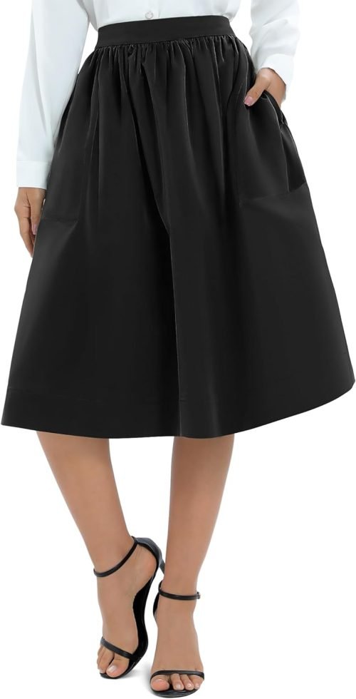 Women's Casual Elastic Waist Vintage A-Line Pleated Flared Midi Skirt with Pockets