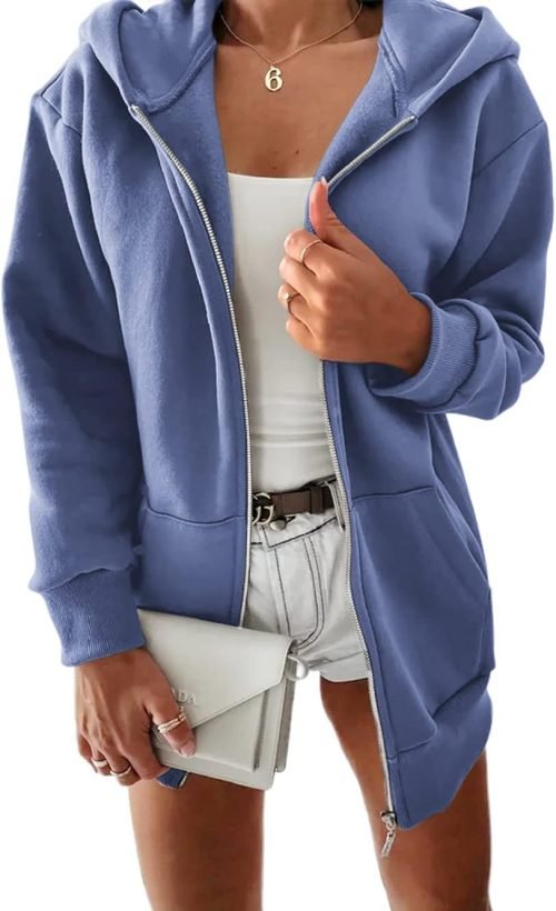 Women Casual Full Zip Up Plush Hoodie Comfy Loose Solid Sweatshirt Long Sleeve Jacket with Pockets