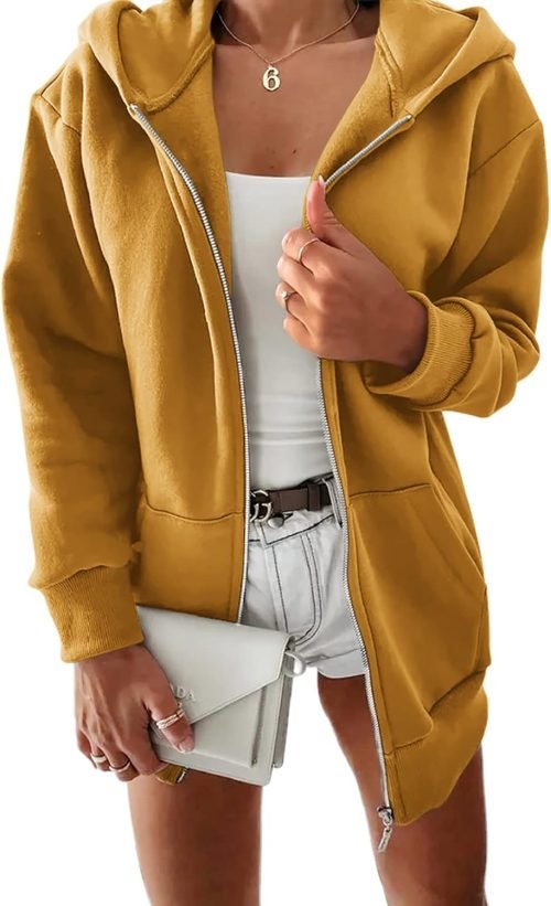 Women Casual Full Zip Up Plush Hoodie Comfy Loose Solid Sweatshirt Long Sleeve Jacket with Pockets