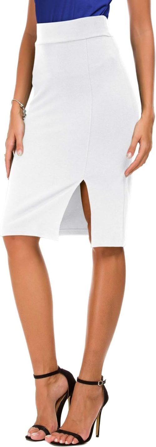 Women's Knee Length Stretch Pencil Skirt High Waisted Bodycon Midi Straight Skirt