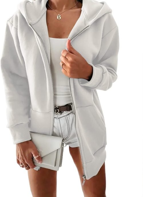 Women Casual Full Zip Up Plush Hoodie Comfy Loose Solid Sweatshirt Long Sleeve Jacket with Pockets