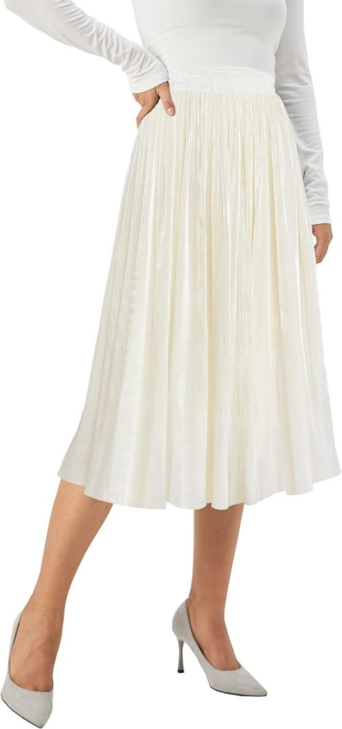 Women High Elastic Waist Pleated Midi Long Skirt Swing A-line Skirts