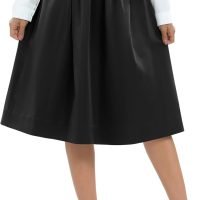 Women's Casual Elastic Waist Vintage A-Line Pleated Flared Midi Skirt with Pockets