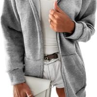 Women Casual Full Zip Up Plush Hoodie Comfy Loose Solid Sweatshirt Long Sleeve Jacket with Pockets
