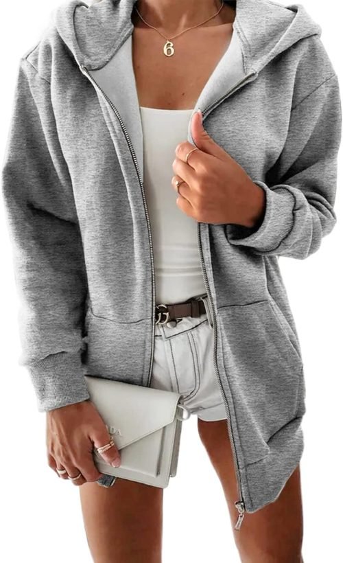 Women Casual Full Zip Up Plush Hoodie Comfy Loose Solid Sweatshirt Long Sleeve Jacket with Pockets
