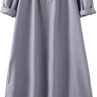 Women's Cotton Linen Dress Short Sleeve Midi Casual Tunic Dress with Pockets