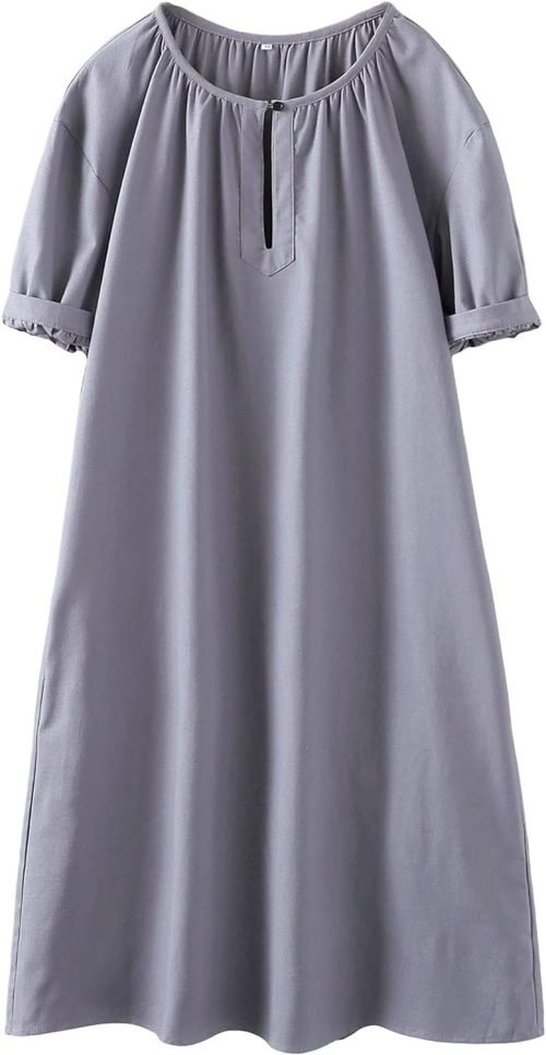 Women's Cotton Linen Dress Short Sleeve Midi Casual Tunic Dress with Pockets