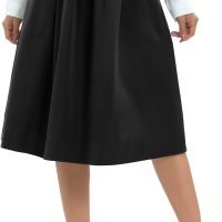 Women's Casual Elastic Waist Vintage A-Line Pleated Flared Midi Skirt with Pockets
