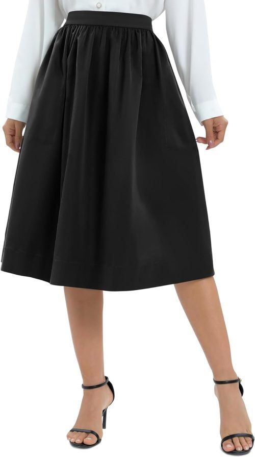 Women's Casual Elastic Waist Vintage A-Line Pleated Flared Midi Skirt with Pockets