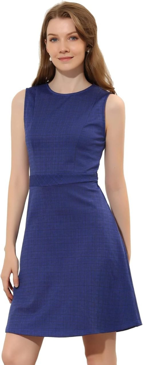Women's Plaid Dress Sleeveless Fit and Flare Houndstooth Work Dresses