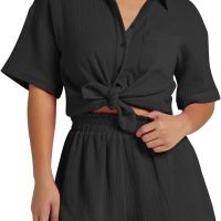 Women's 2 Piece Outfits Track Suits Matching Sets Loungewear for Vacation Button Down Shirt and Shorts Set